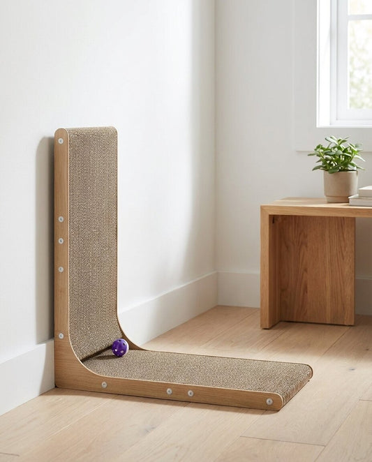 The Scratch Corner positioned long side up beside a sofa | PawHaus Co