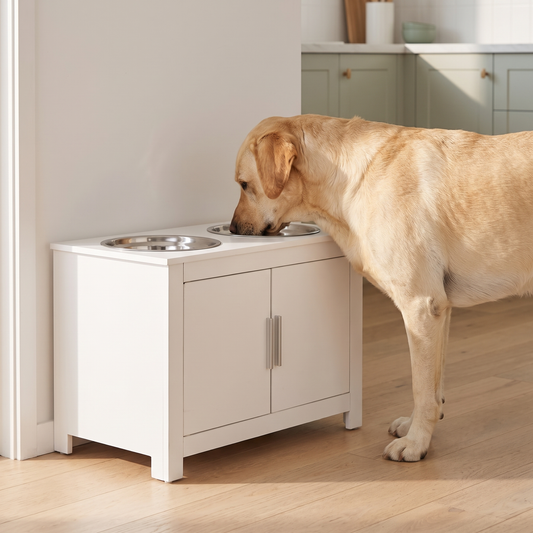 A labrador eating from The Pantry feeding station, bowls at chest height |c:white