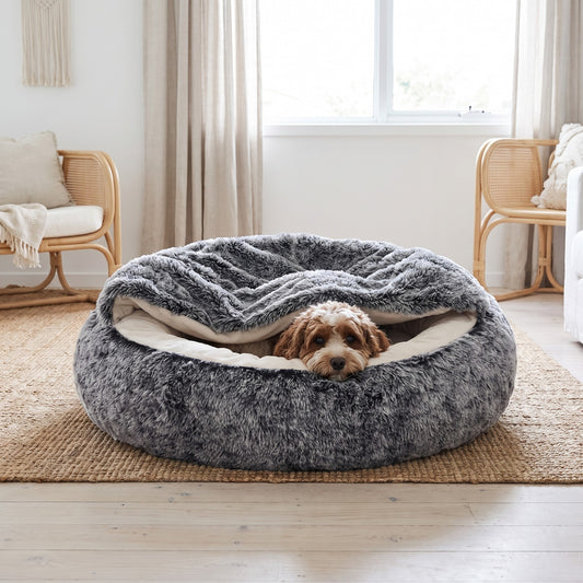 Small dog settled under the soft canopy of The Burrow calming dog bed | PawHaus Co