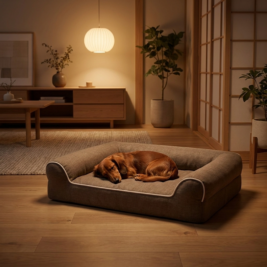 The Grand - dachshund sleeping in coffee brown orthopedic sofa bed, Japandi interior