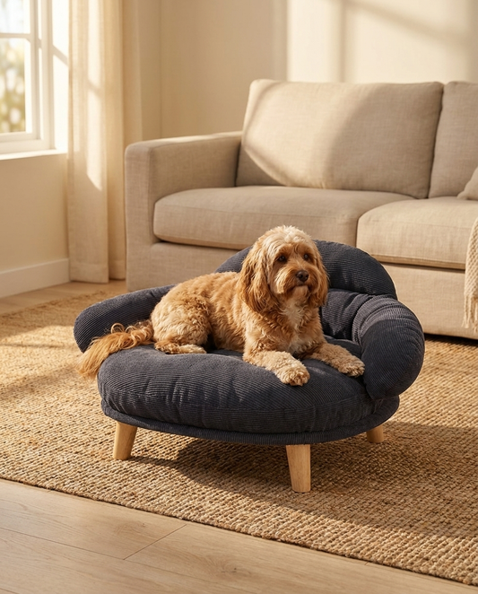 Cavoodle relaxing in The Cocoon Lounge charcoal corduroy dog sofa | PawHaus Co |c:Charcoal