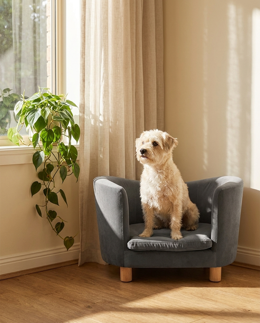 Small dog sitting in The Armchair grey velvet dog tub chair | PawHaus Co |c:Grey