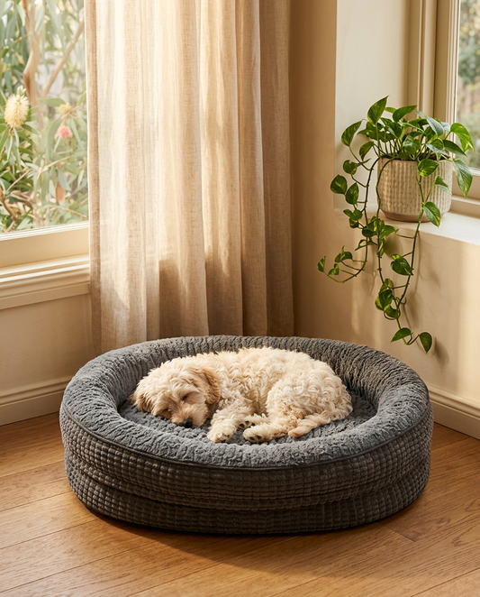 Small dog curled asleep in The Plush Nest grey nest dog bed | PawHaus Co