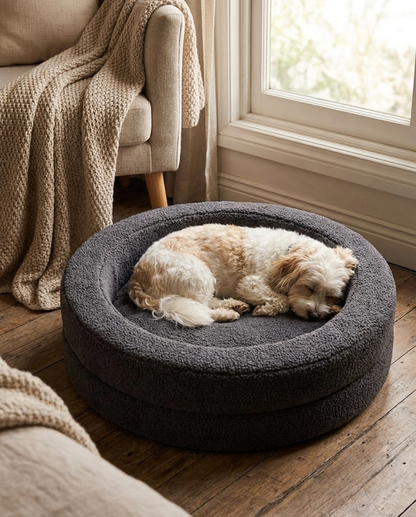 Fluffy dog curled asleep in The Calming Nest charcoal grey plush nest dog bed | PawHaus Co |c:Charcoal