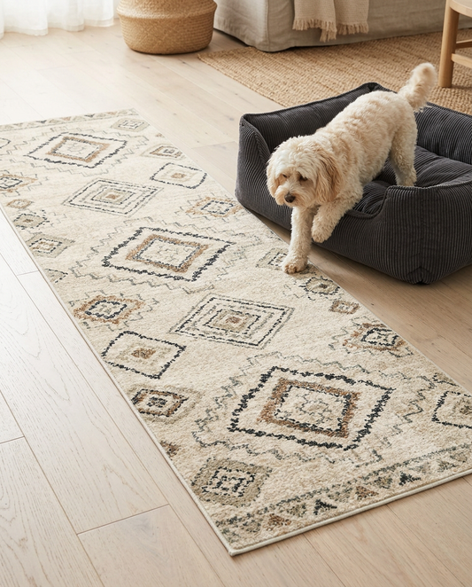 Small dog stepping from a bed onto The Runner floor rug | PawHaus Co