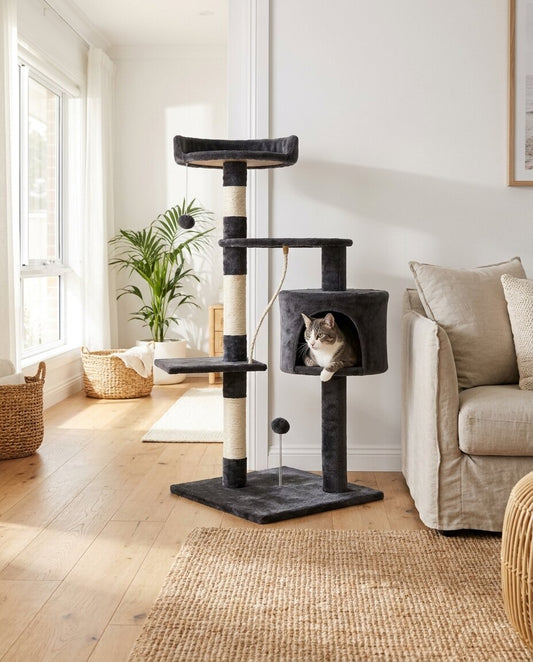 Cat resting inside the cubby of The Perch 140cm cat tree | PawHaus Co
