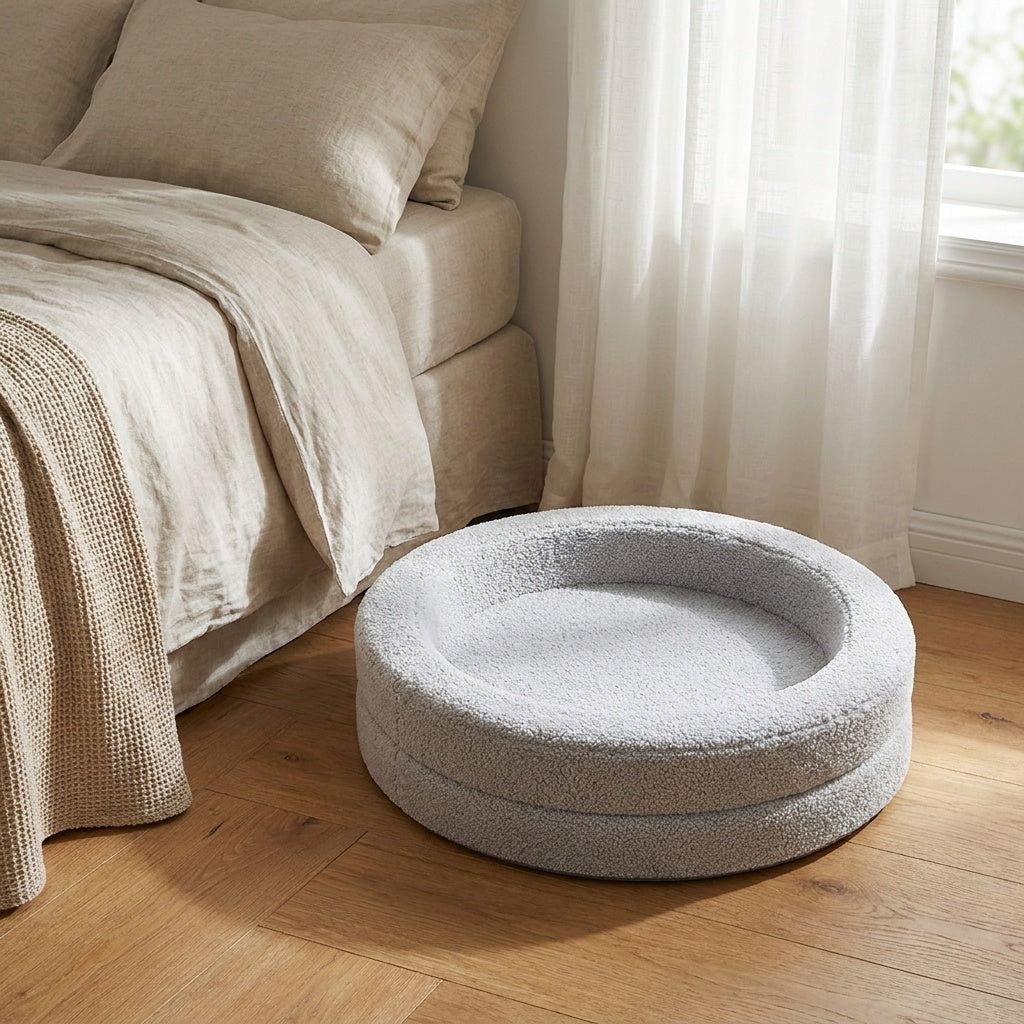 The Calming Nest light grey plush nest dog bed in a bedroom corner | PawHaus Co |c:Light Grey