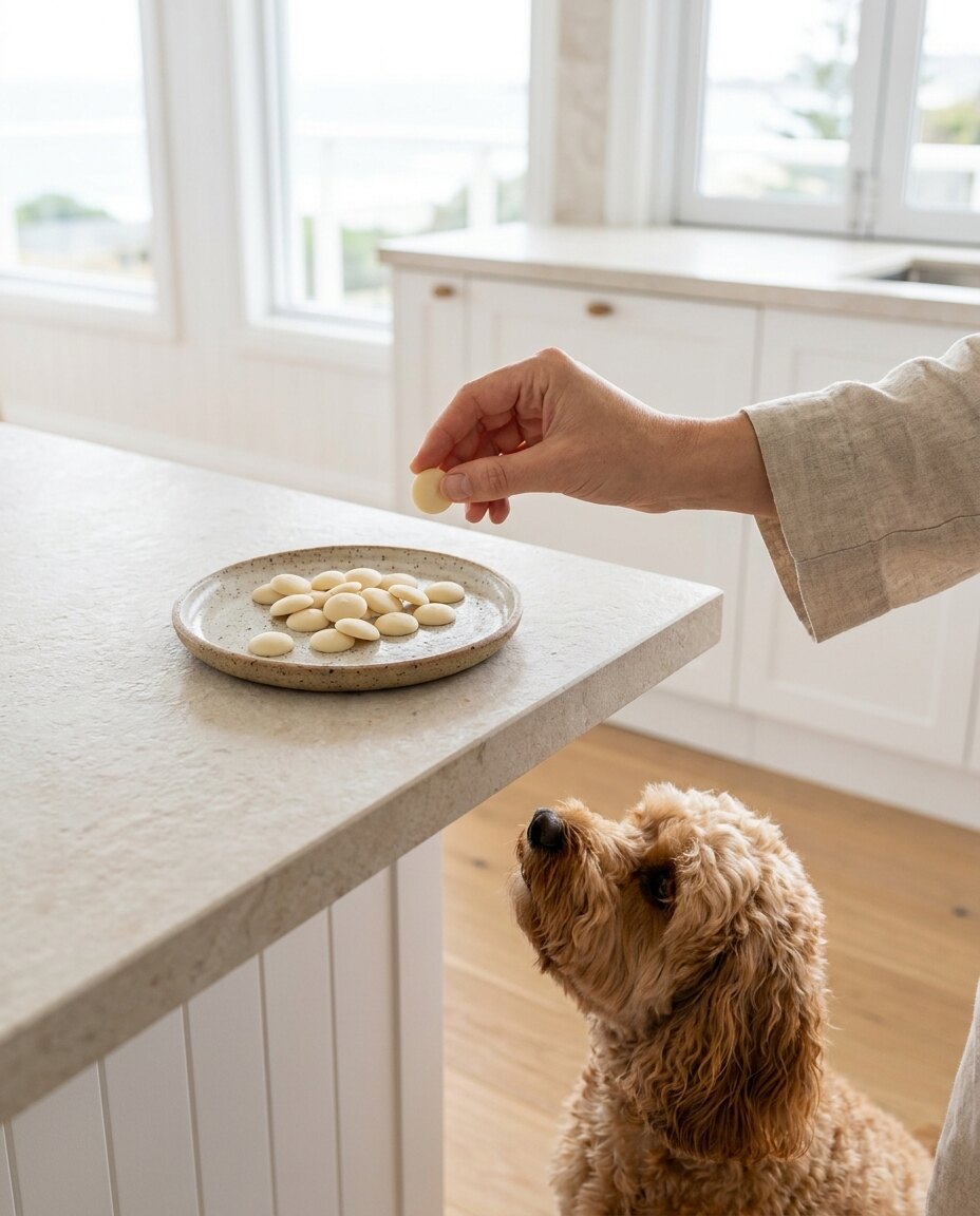 Hand offering a Blackdog yoghurt drop to a cavoodle | PawHaus Co