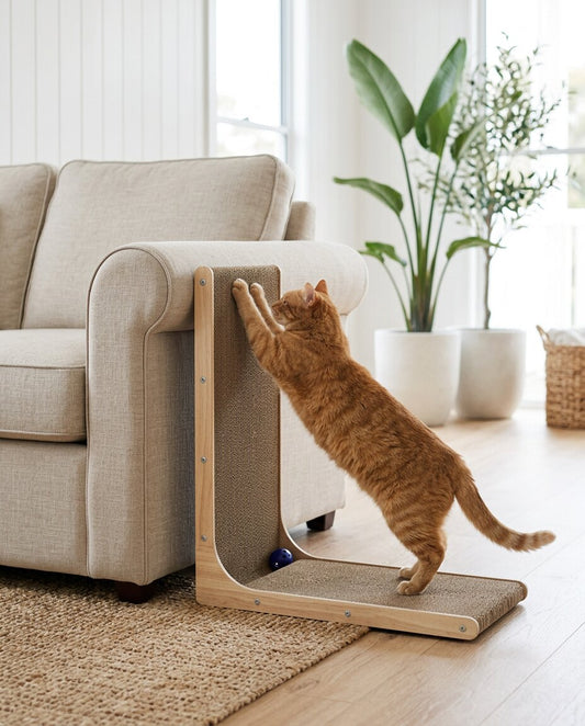 The Scratch Corner L-shaped cat scratcher against a wall | PawHaus Co
