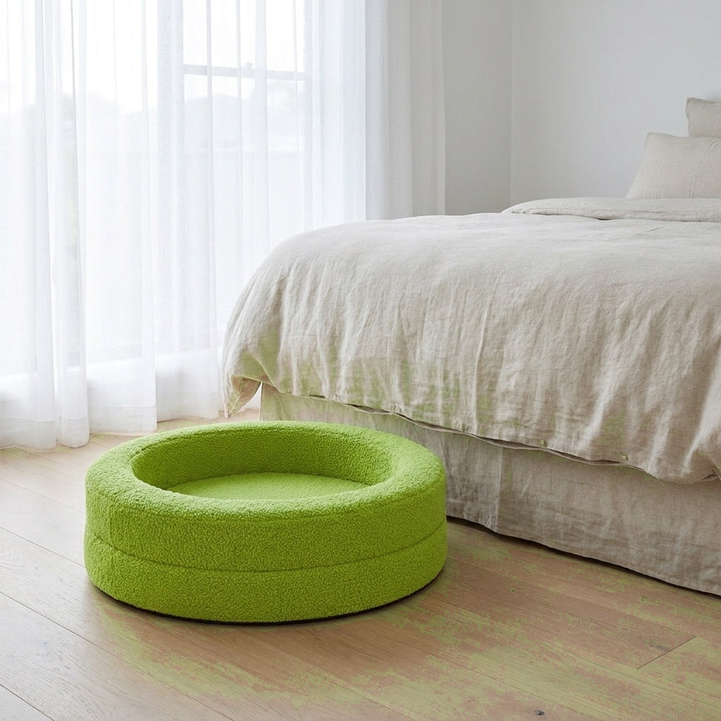 The Calming Nest lime green plush nest dog bed in a bedroom corner | PawHaus Co |c:Lime Green