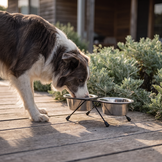 A border collie drinking from The Travel Bowls on a deck |c:steel