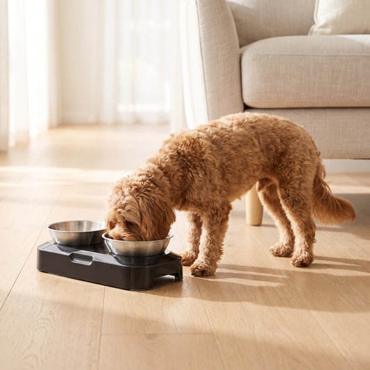A cavoodle eating from The Diner elevated bowls |c:black
