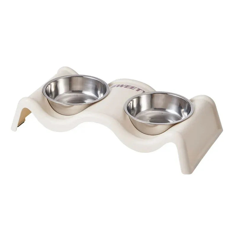 The Ripple wave-form double pet bowl stand in white with two stainless steel bowls