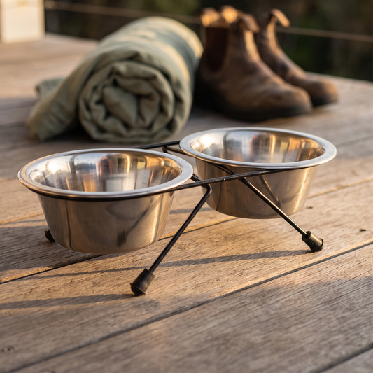 The Travel Bowls portable steel pet bowls on a deck |c:steel