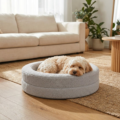 Cavoodle curled asleep in The Calming Nest light grey plush nest dog bed | PawHaus Co |c:Light Grey