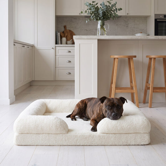 Staffordshire bull terrier resting on the cream Bouclé Sofa dog bed at the edge of a coastal kitchen | PawHaus Co |c:White