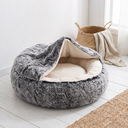 The Burrow hooded calming dog bed in charcoal, soft canopy folded back | PawHaus Co