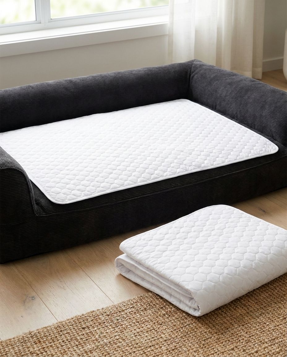 The Guardian waterproof bed protector on a charcoal dog bed | PawHaus Co