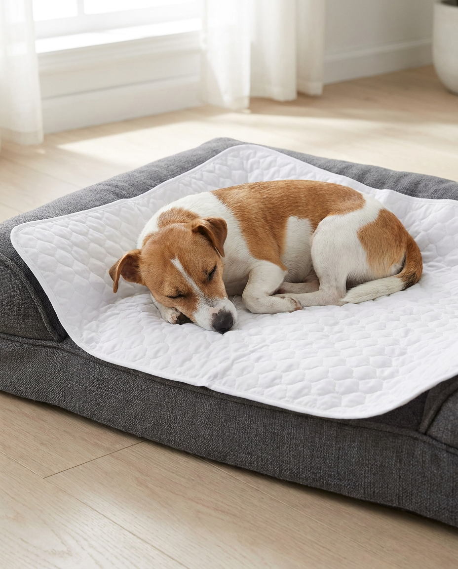Jack russell asleep on The Guardian waterproof bed protector | PawHaus Co
