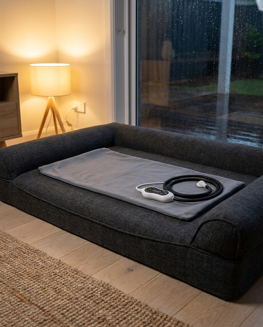 The Warm Spot heated pet pad on a charcoal dog bed | PawHaus Co