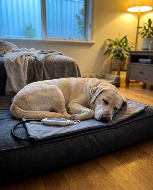 Older labrador asleep on The Warm Spot heated pet pad | PawHaus Co