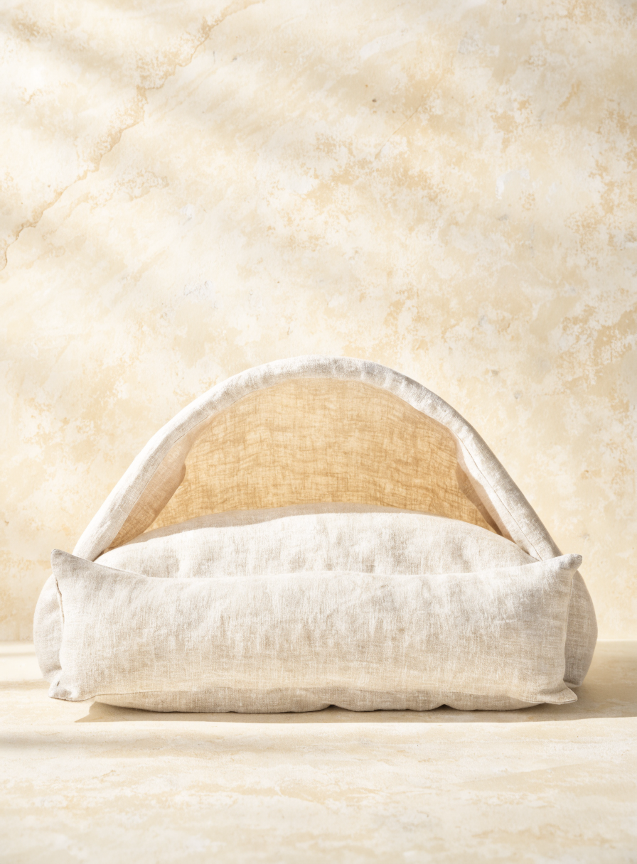 The Willow Bed in Natural Linen — organic arch canopy dog bed