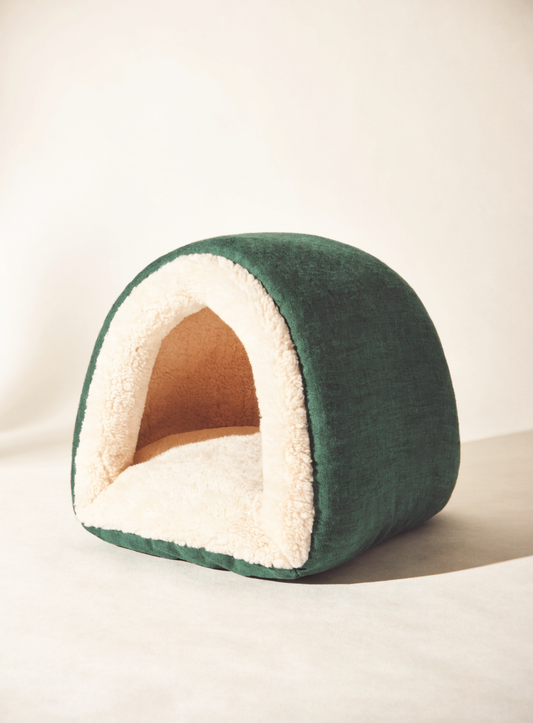 The Nook — forest green linen cave dog bed
