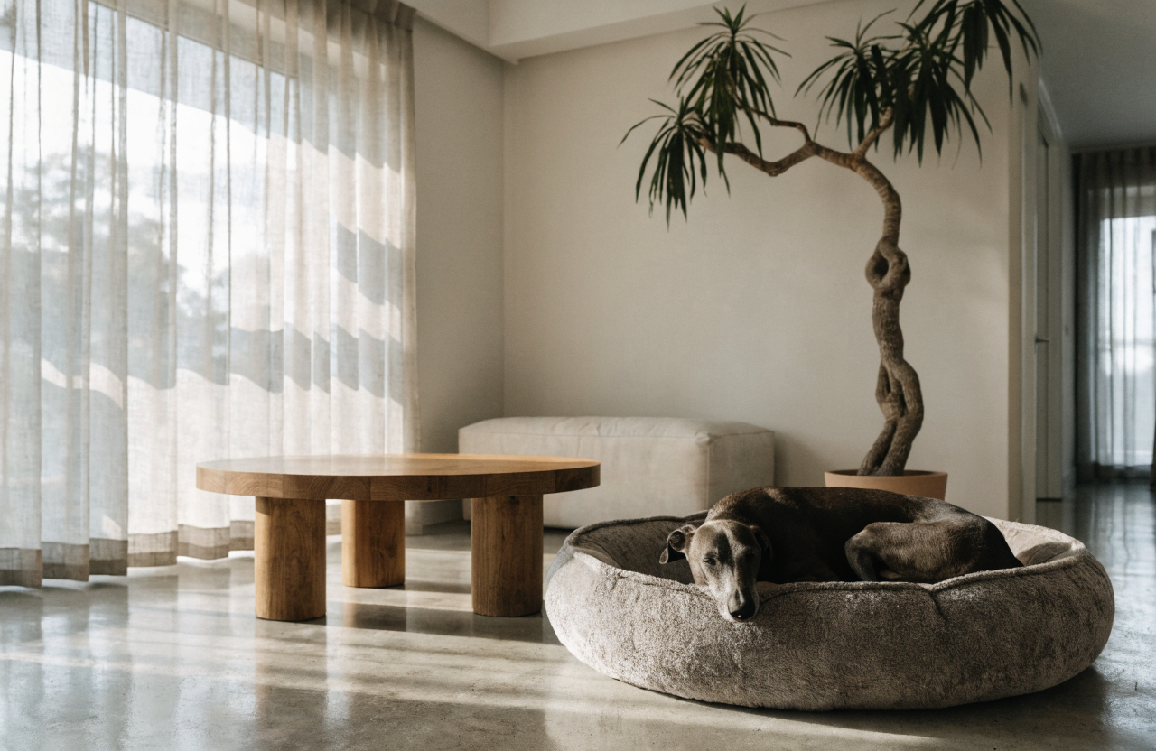 The Linen Mat — lifestyle with greyhound in minimal interior