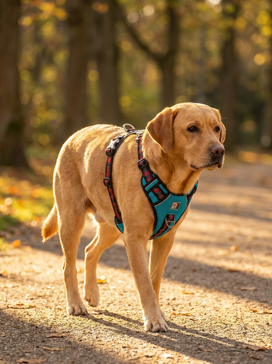 PawHaus Co The Harness — padded no-pull dog harness on golden labrador