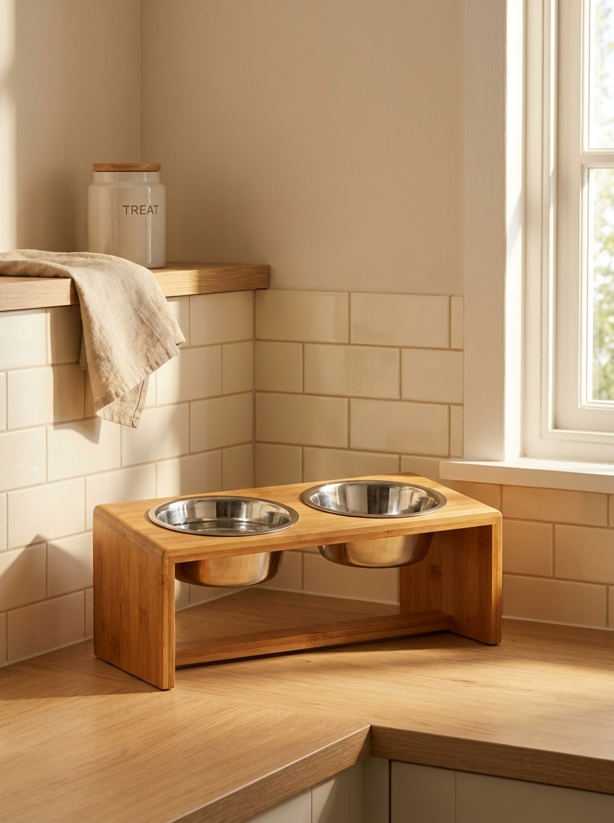 PawHaus Co Elevated Bowls — raised dog feeding station with stainless steel bowls in kitchen