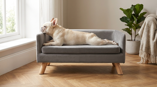 Cream French bulldog stretched on The Lounge dog bed — PawHaus Co