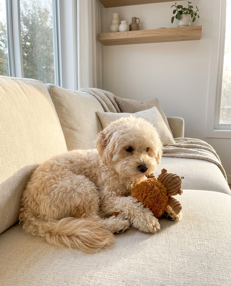 The Squirrel lifestyle shot — fluffy dog cuddling plush toy at home