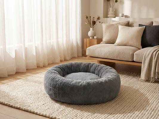 The Calming Nest grey round donut dog bed in Japandi living room