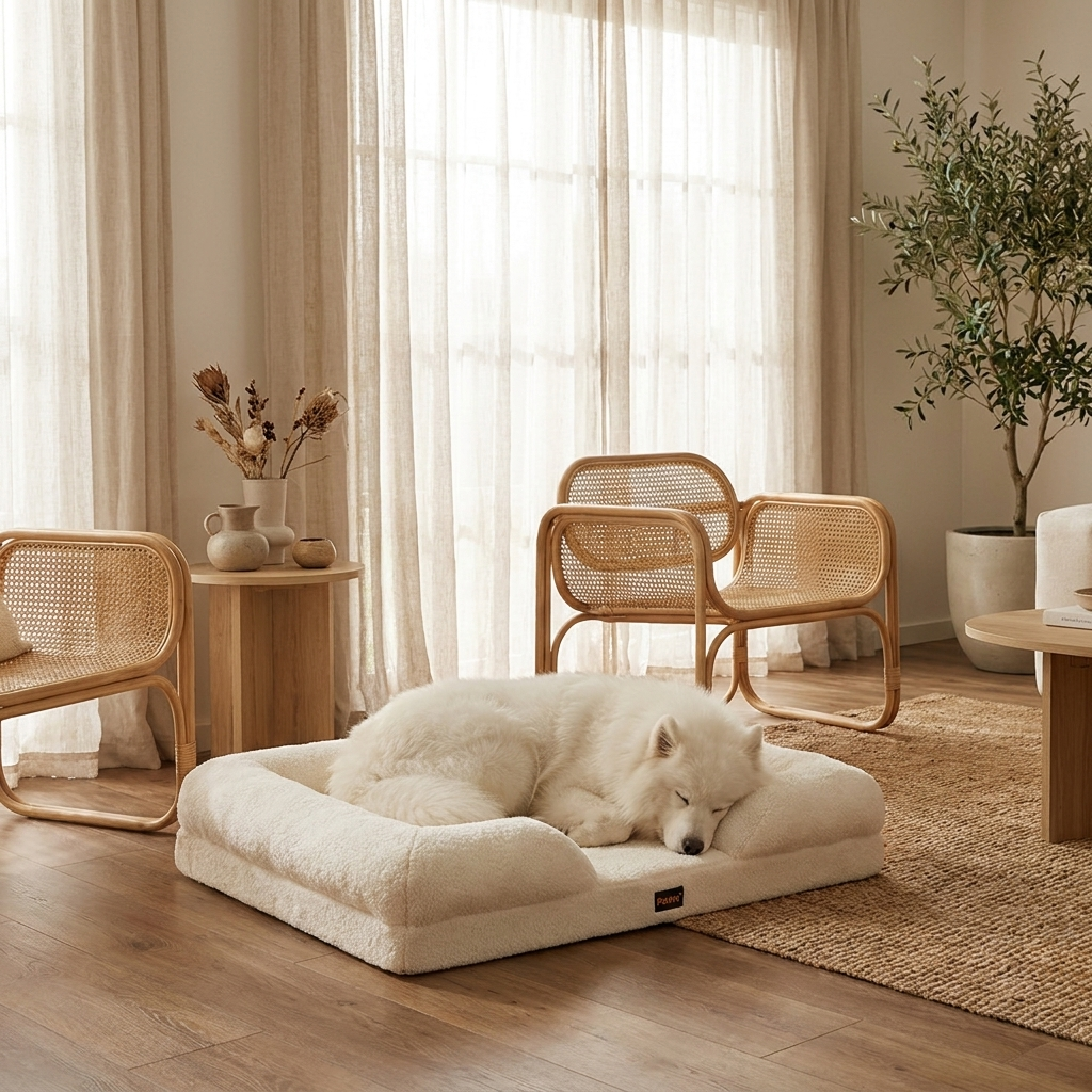 Fluffy Samoyed curled up on The Bouclé Sofa white cream dog bed in Japandi interior |c:White