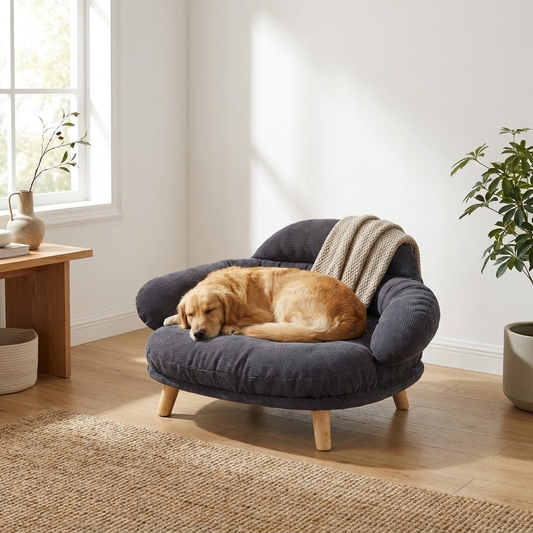 The Studio Lounge - golden retriever on elevated charcoal sofa bed, Scandinavian interior