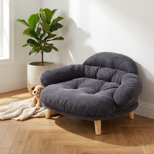 The Studio Lounge - elevated charcoal velvet dog sofa with wooden legs, styled interior