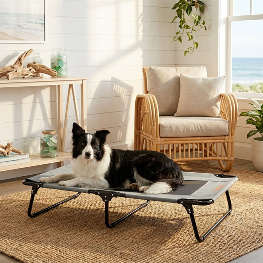 The Field Bed - border collie on elevated mesh dog cot, coastal living room
