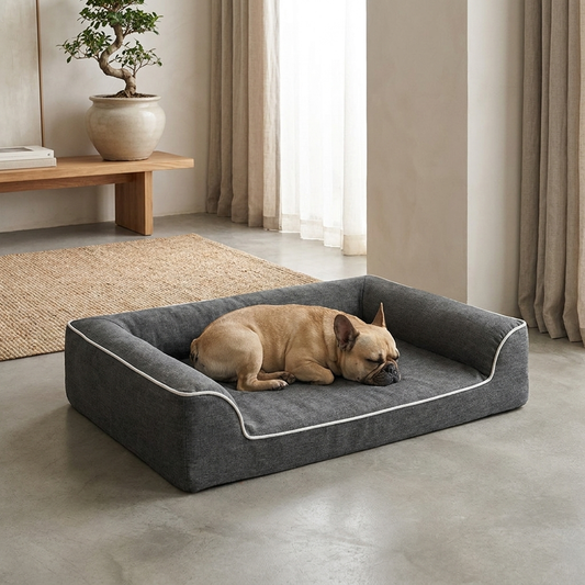 The Grand - French bulldog sleeping in stone grey orthopedic sofa bed, Japandi interior