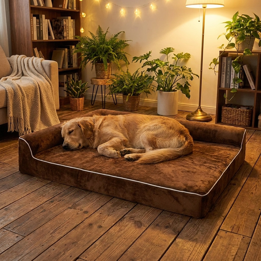 The Velvet Cushion - golden retriever sleeping on coffee brown velvet dog bed, cozy living room