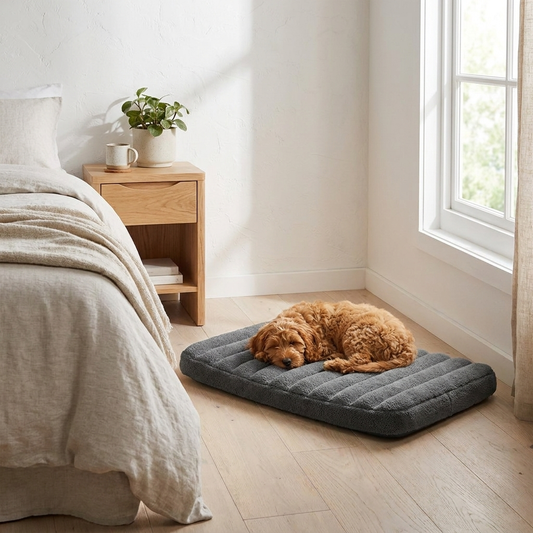 The Sherpa - cavoodle sleeping in ribbed grey sherpa dog bed, Scandinavian interior