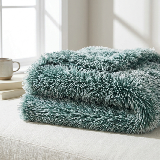 The Comfort Blanket in teal, folded on a linen ottoman |c:Teal