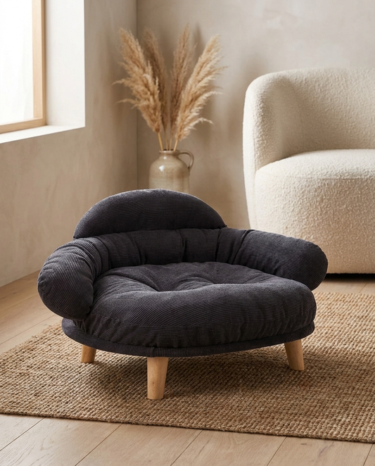 The Cocoon Lounge charcoal corduroy pet sofa bed with timber legs | PawHaus Co |c:Charcoal
