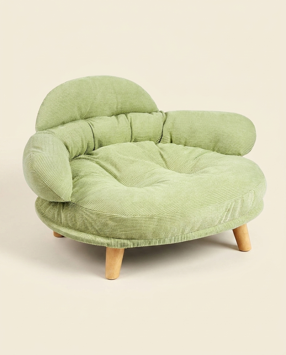The Cocoon Lounge sage green corduroy dog sofa studio product photo | PawHaus Co |c:Sage Green