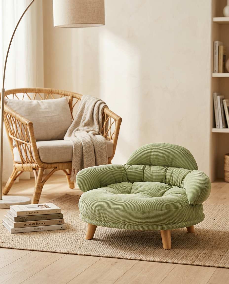 The Cocoon Lounge sage green corduroy dog sofa in a reading nook | PawHaus Co |c:Sage Green