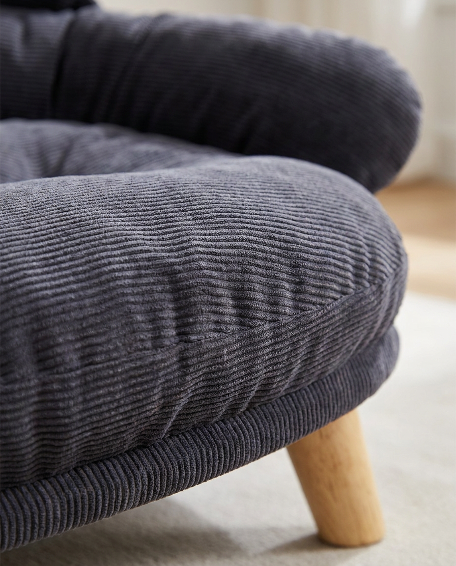 Charcoal corduroy fabric and tufting detail of The Cocoon Lounge | PawHaus Co |c:Charcoal