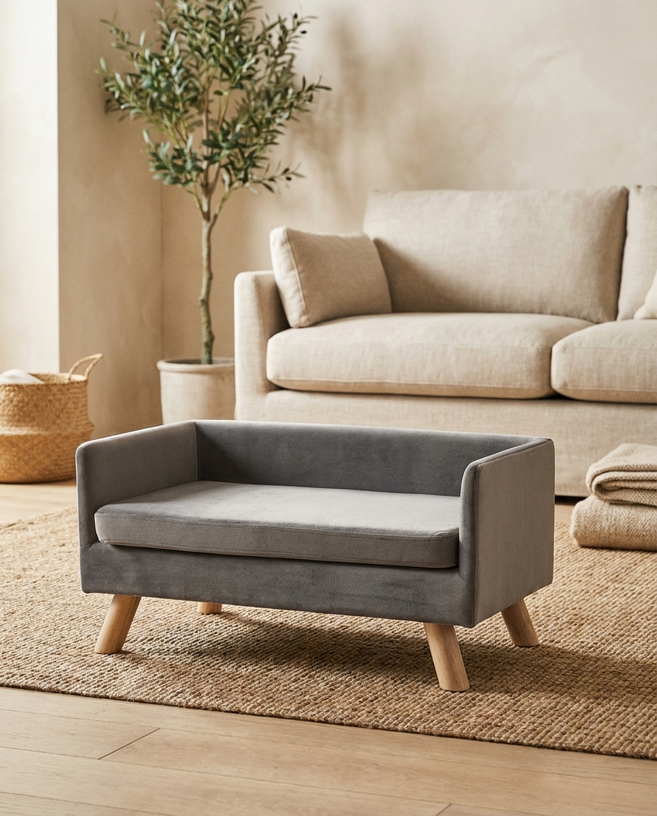 The Lounge grey velvet mid-century dog sofa bed in a Scandi living room | PawHaus Co