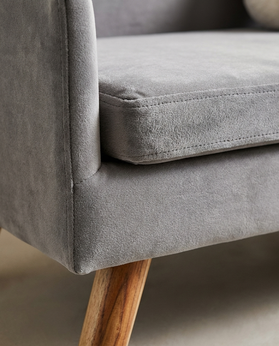 Grey velvet upholstery and timber leg detail of The Lounge | PawHaus Co