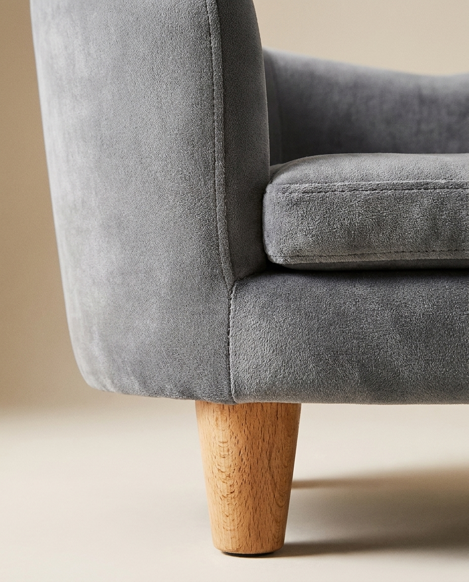 Grey velvet arm and timber leg detail of The Armchair | PawHaus Co |c:Grey