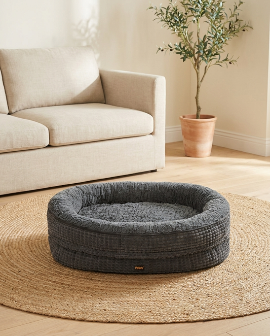 The Plush Nest grey oval shag nest dog bed | PawHaus Co