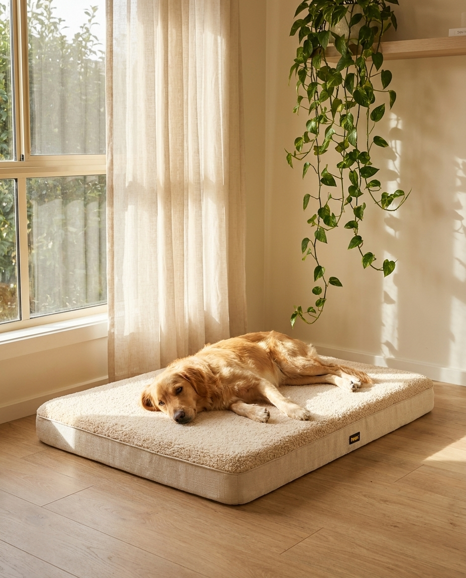 Dog stretched out on The Linen Mat cream boucle dog mat | PawHaus Co